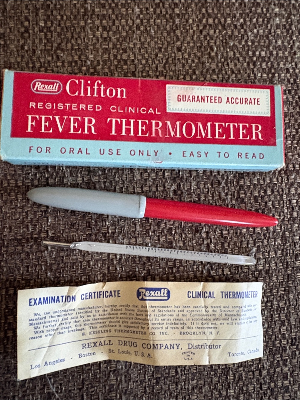 Vintage Rexall Clifton Glass Fever Thermometer & Case in Original Box